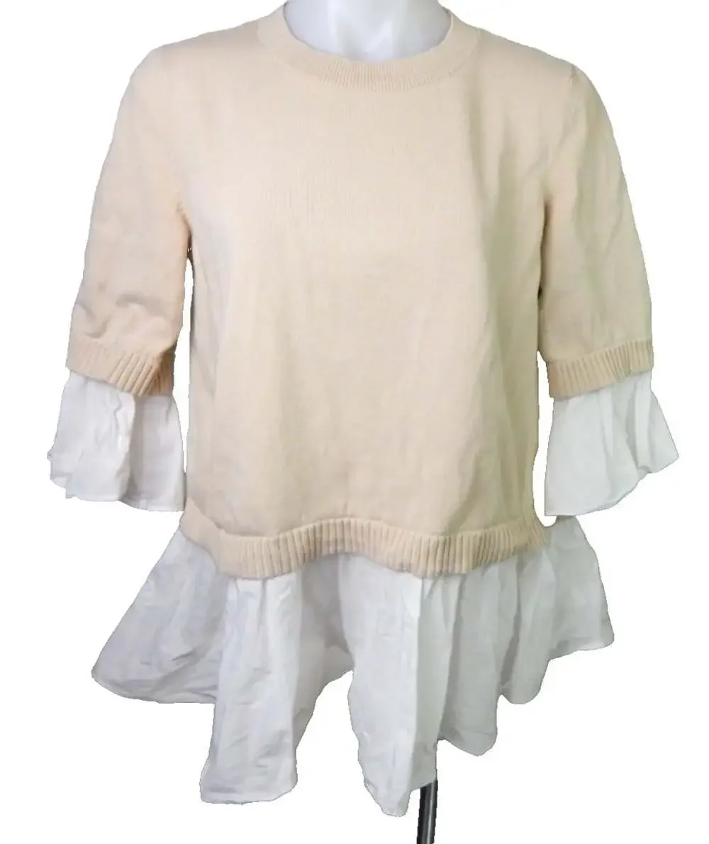 COS Women's Small Sweater Shirt Tail Jumper Layered Ruffle Crewneck Beige Cotton